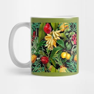 Vibrant tropical floral leaves and fruits floral illustration, botanical pattern, Black fruit pattern over a Mug